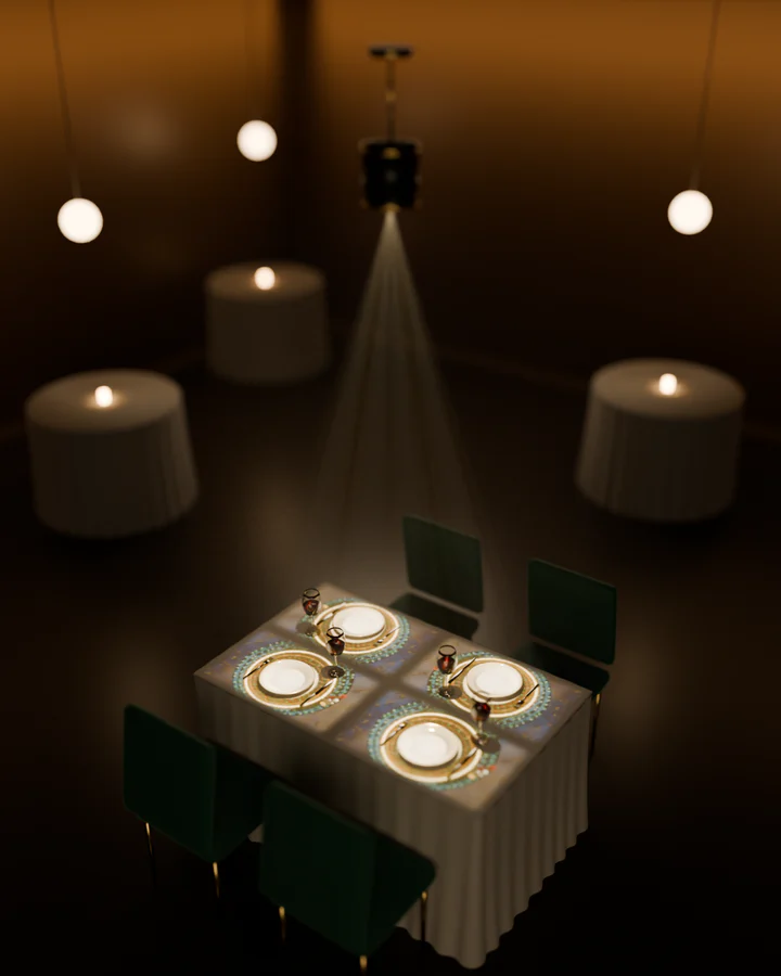Render: una mesa para cuatro con mantel largo en un salón en penumbra; un proyector cuelga del techo y su luz cae sobre la mesa, con una escena de Moray alrededor de cada plato.